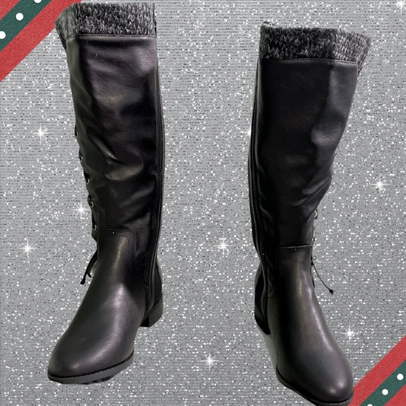 Torrid Black Faux Leather Sweater Criss-Cross Knee Boots Wide calf New in Box - Picture 6 of 13